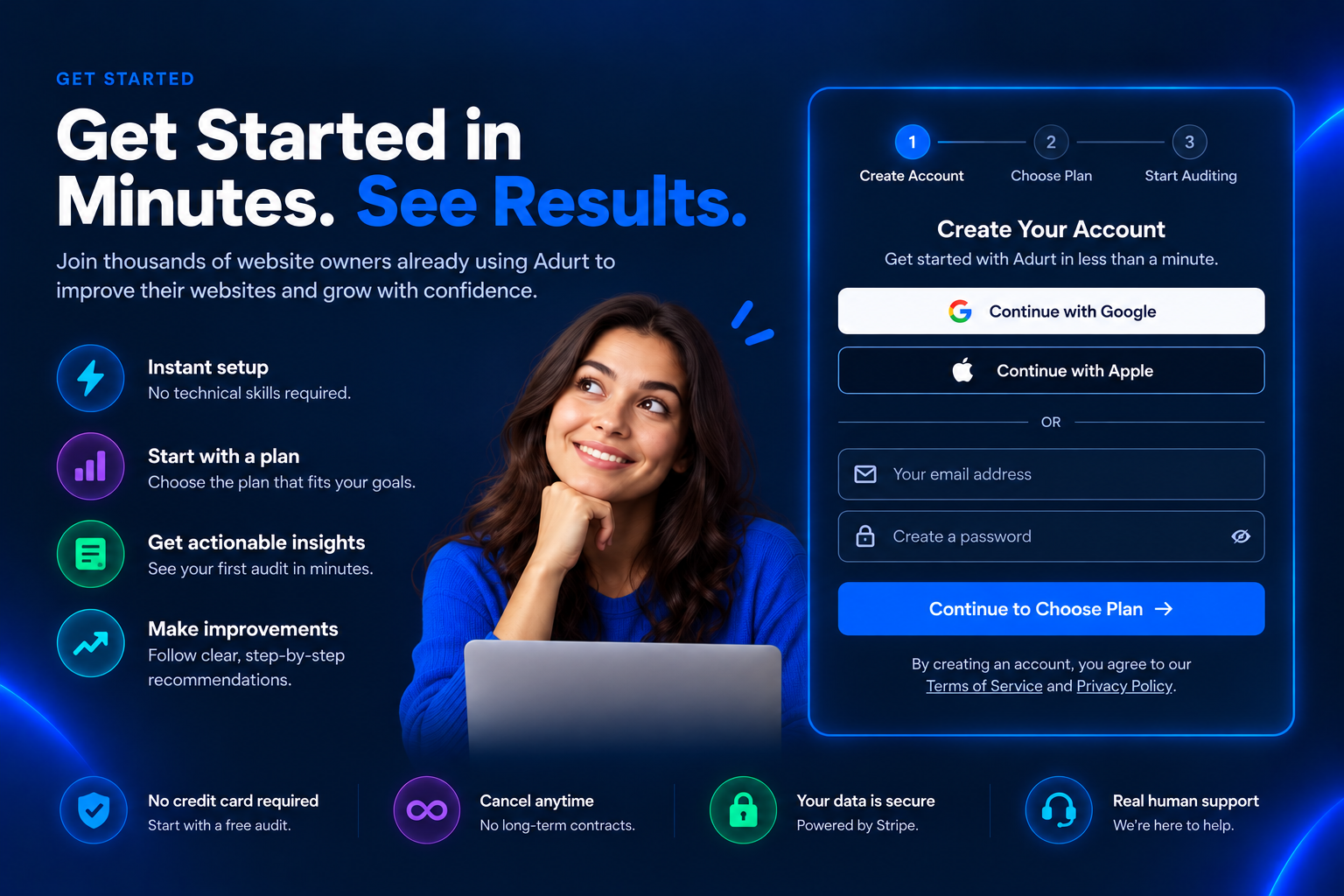 Get started with Adurt; create an account and choose a plan. Sign in to manage your websites and audits.